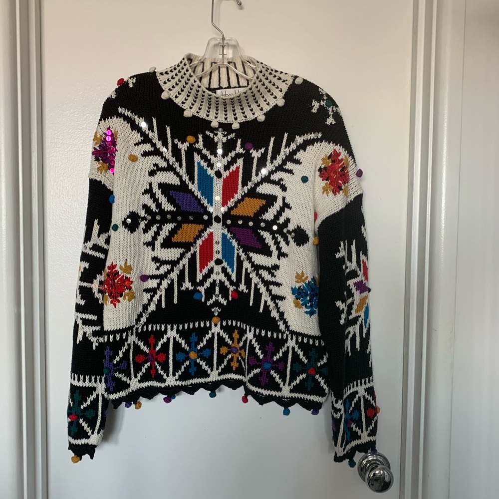 Womens Debra Lubell Black & Multi-color Snow Flake Sweater